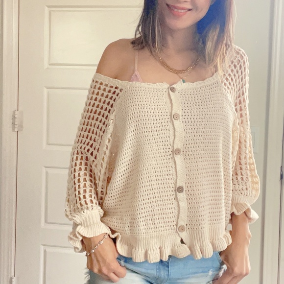 Miracle Cozy Crochet Button down Ruffle Sweater Top - Picture 3 of 16